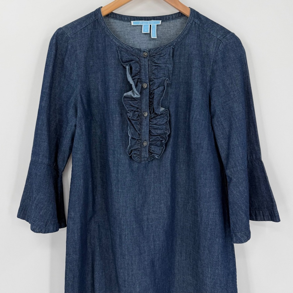 Draper James Chambray Shift Dress Ruffle Front Bell Sleeve Blue Size 6‎ - Picture 2 of 7